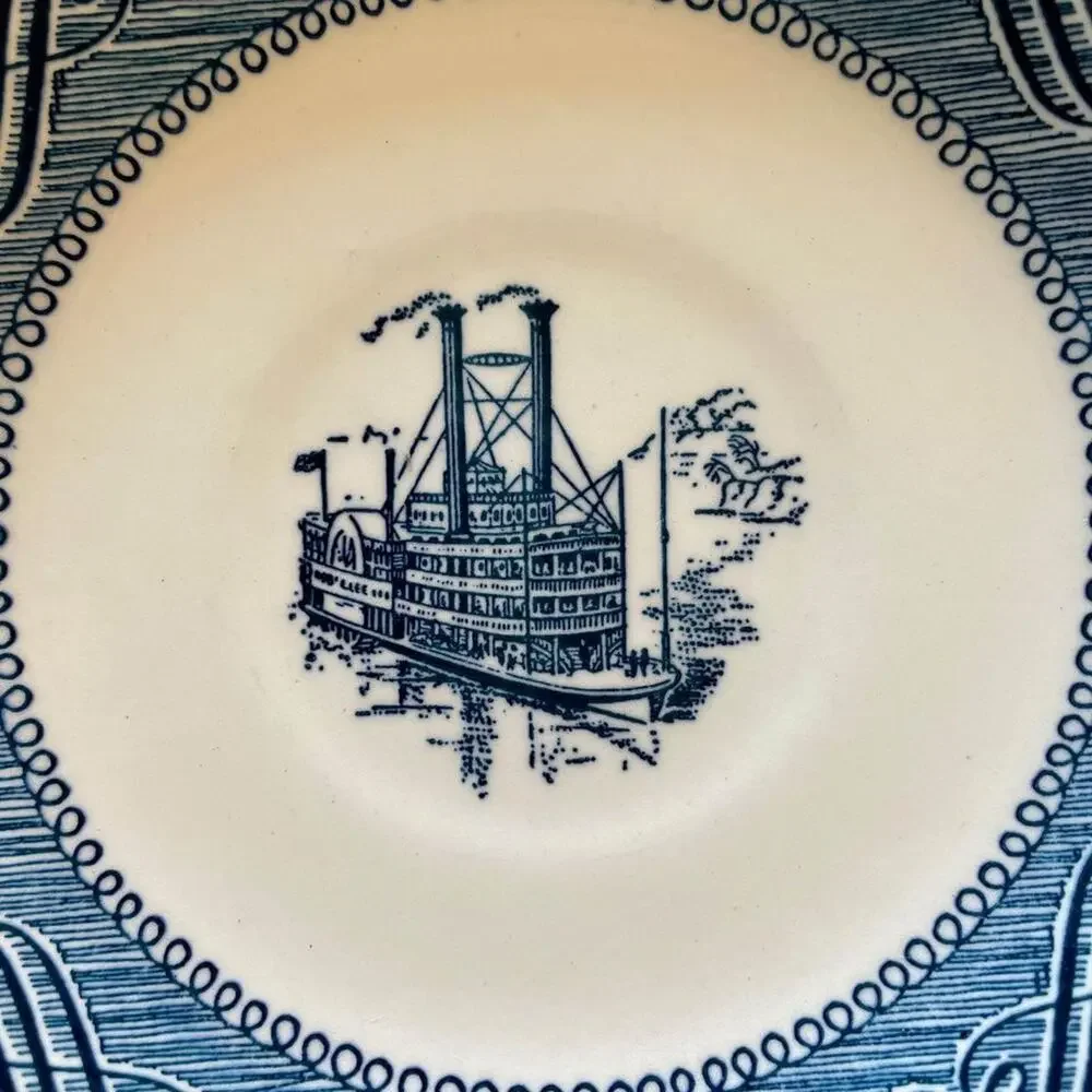Currier And Ives Blue and White Steamboat Saucer Plates